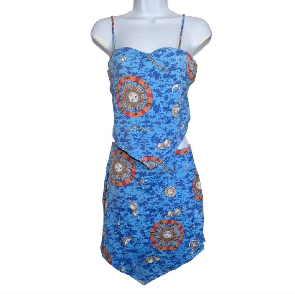 Vintage 2 Piece Blue Astrology Pattern Skirt & Top Size Large Womens 90s Y2K